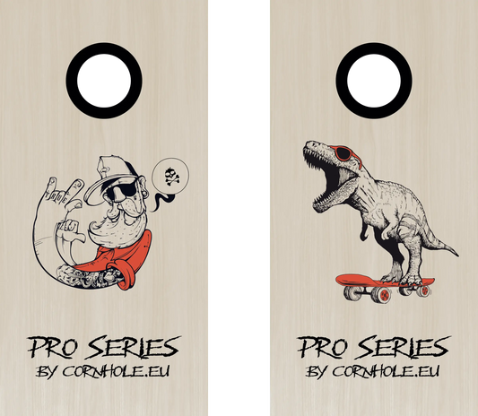 décor détaillé cornhole de compétition deux planches hipster et t-rex sur son skate, vue de face
