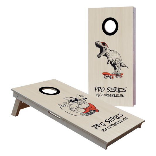 cornhole de compétition deux planches hipster et t-rex sur son skate, vue de face