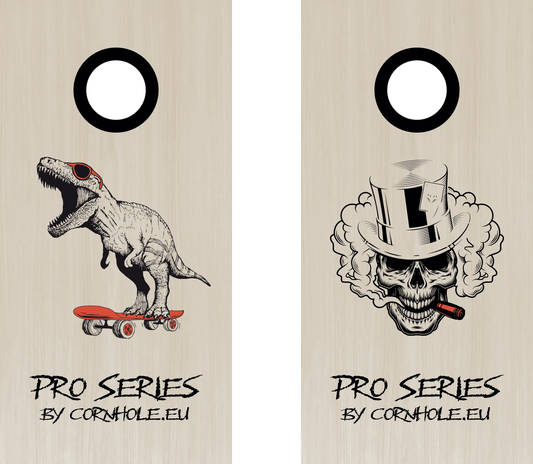décor détaillé cornhole de compétition deux planches t-rex sur son skate et tête de mort, vue de face