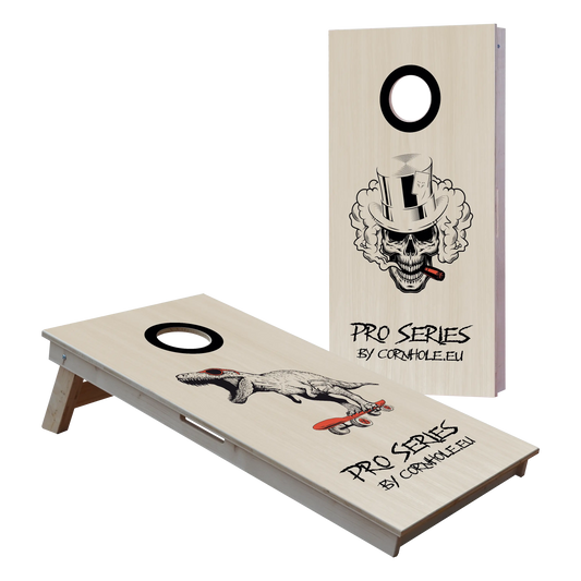cornhole de compétition deux planches t-rex sur son skate et tête de mort, vue de face