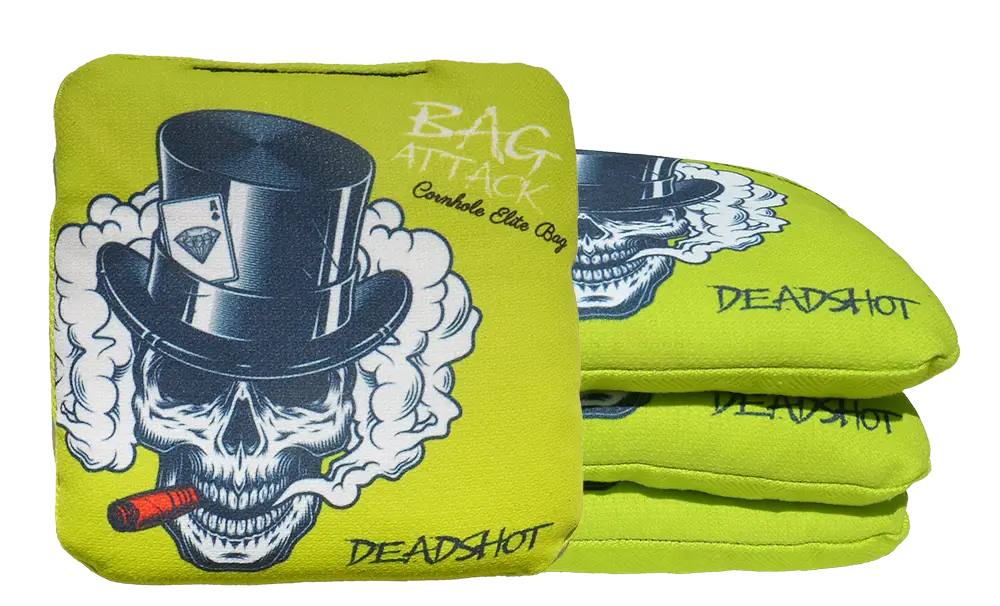 4 sacs de cornhole Pro de compétition tête de mort sur fond jaune, vue de face