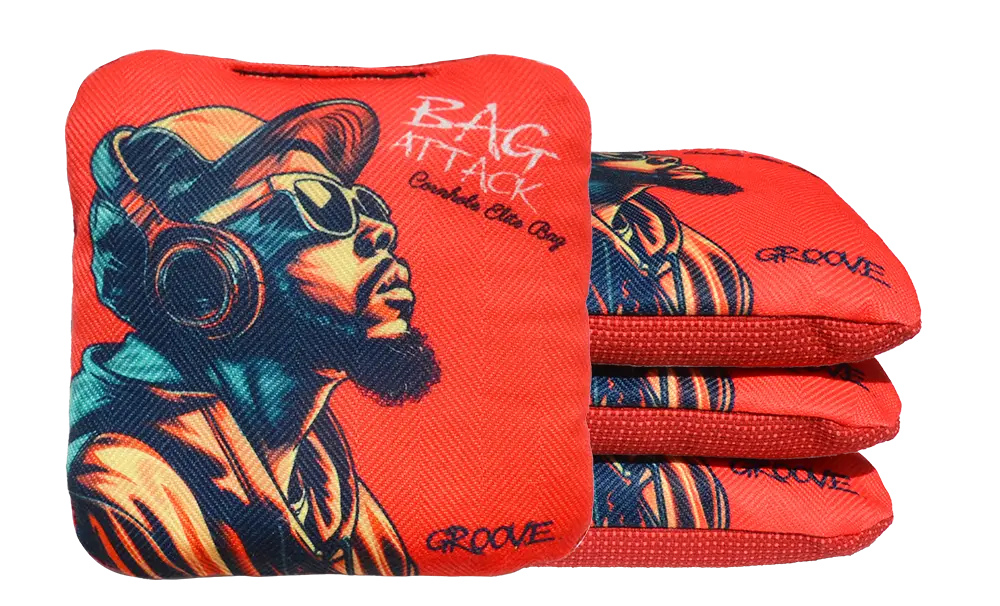4 sacs de cornhole Pro de compétition dj sur fond rouge, vue de face
