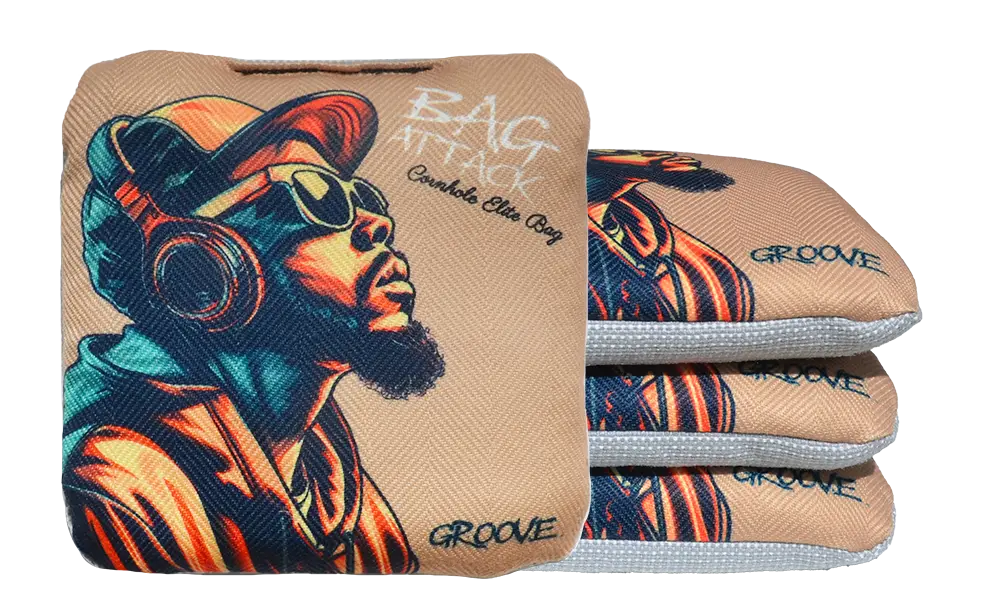 4 sacs de cornhole Pro de compétition dj sur fond beige, vue de face