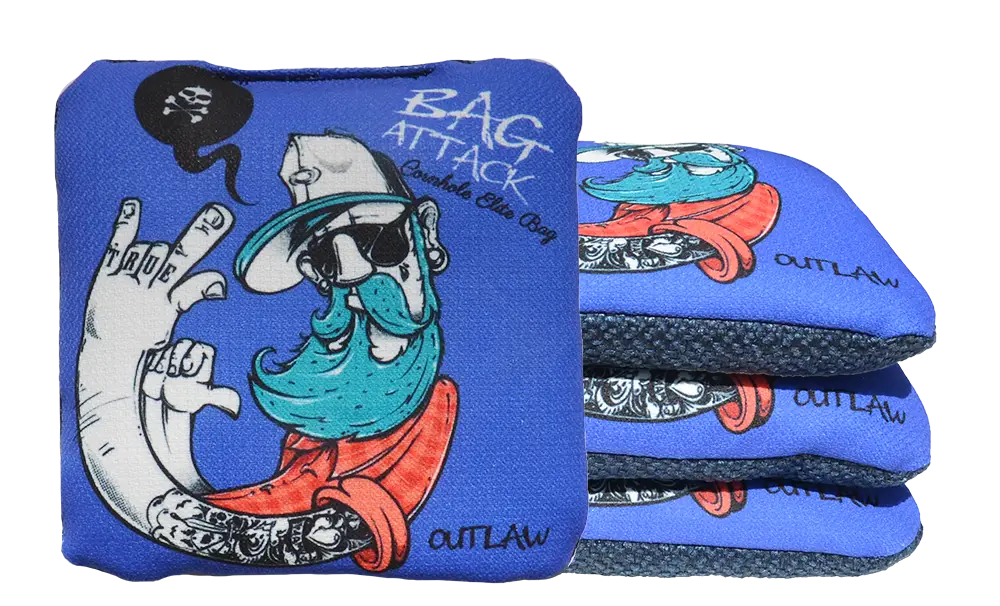 4 sacs de cornhole Pro de compétition hipster sur fond bleu, vue de face