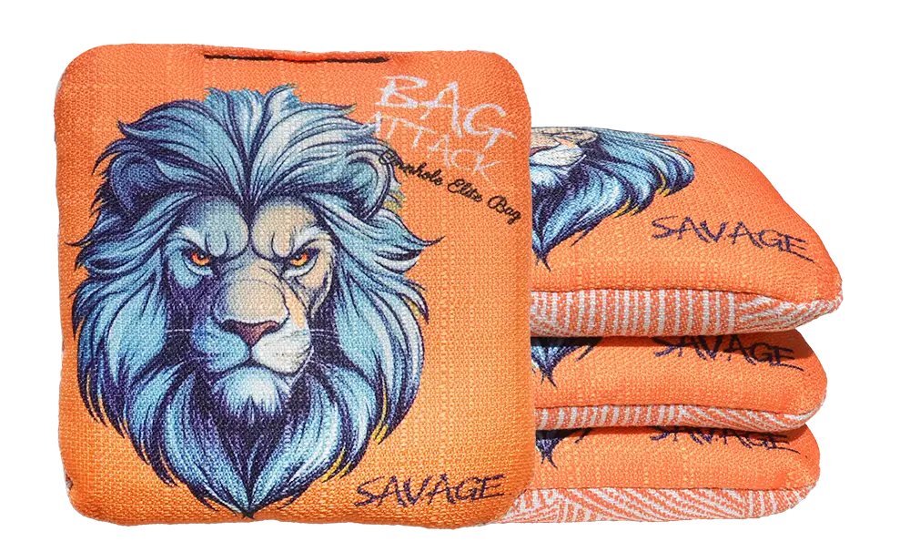 4 sacs de cornhole Pro de compétition lion sur fond orange, vue de face