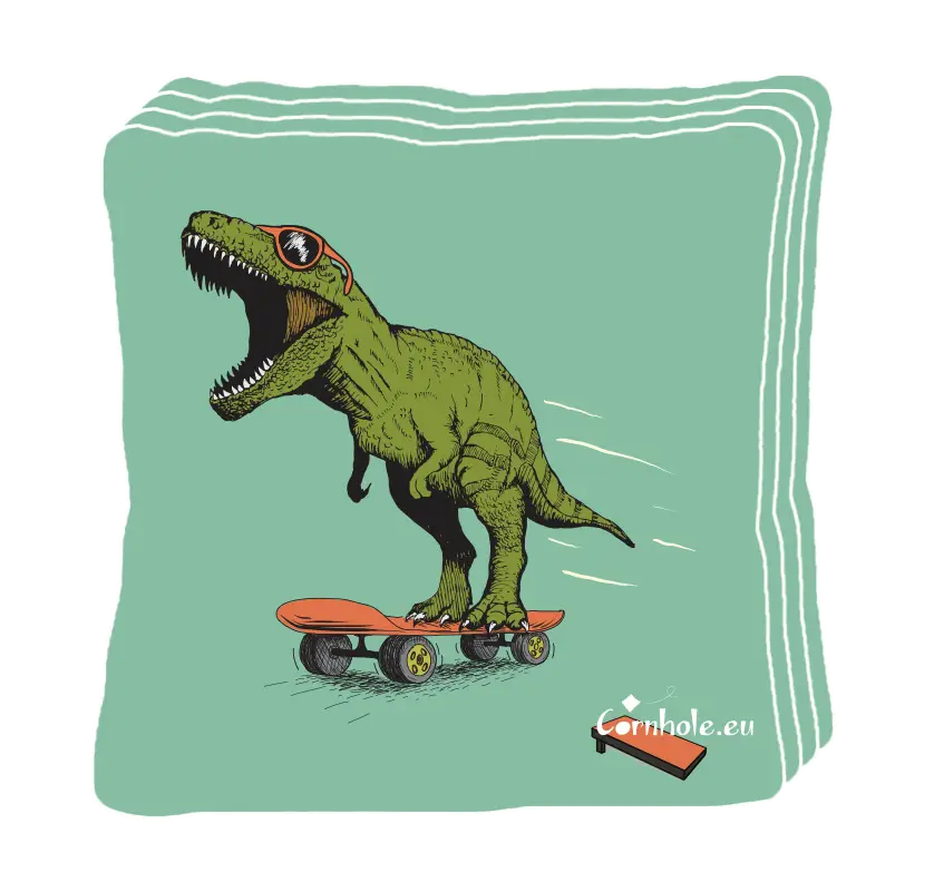 4 sacs de cornhole t-rex en train de faire du skateboard, vue de face