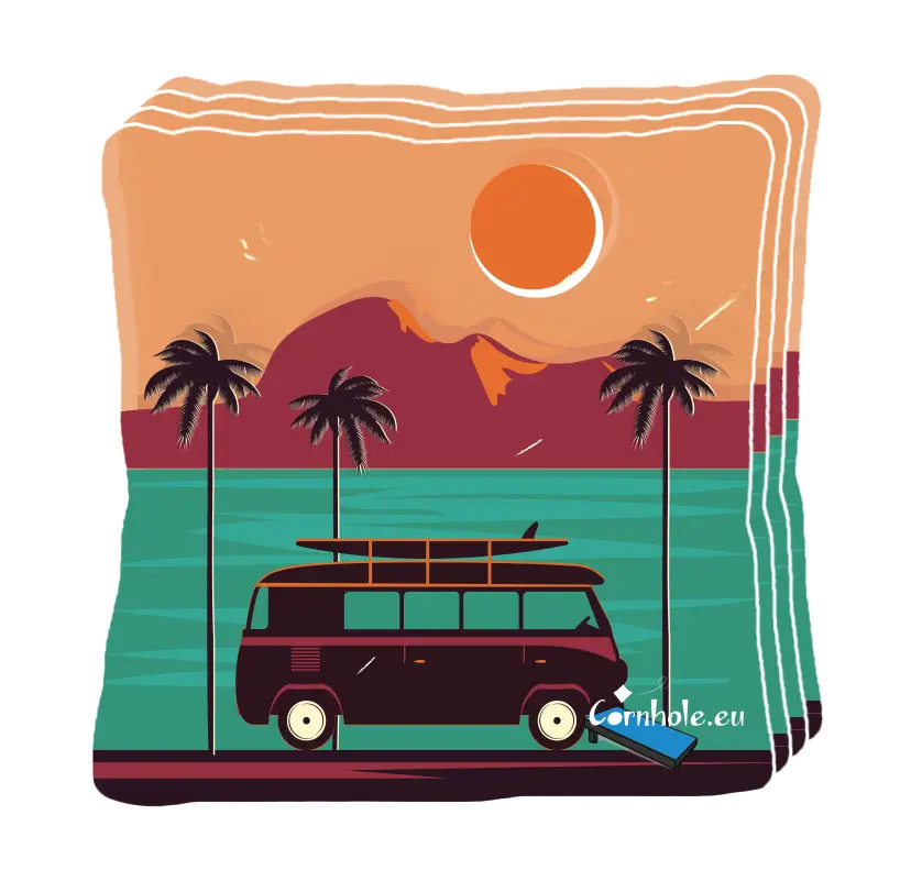 4 sacs de cornhole van de surf devant le soleil couchant de californie, vue de face