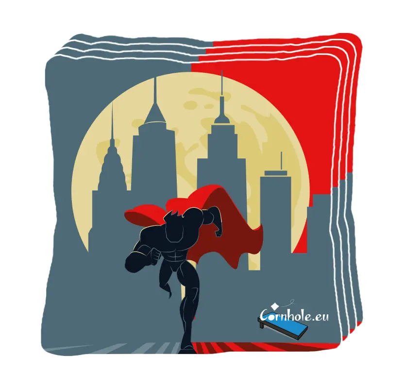 4 sacs de cornhole superhero en pleine course contre le mal, vue de face