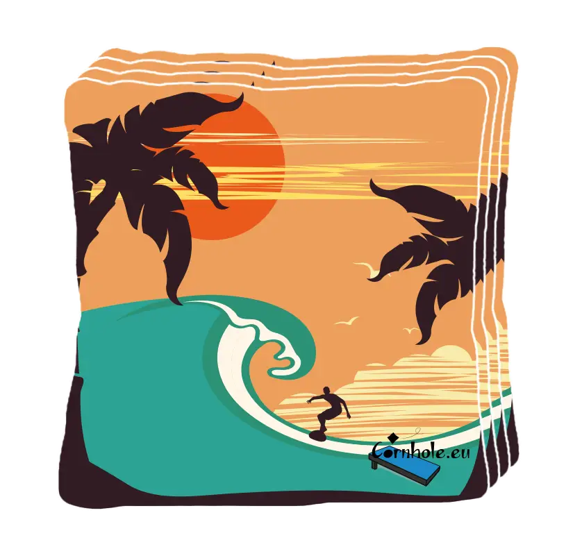4 sacs de cornhole surfeur dans un tube sous le soleil couchant, vue de face