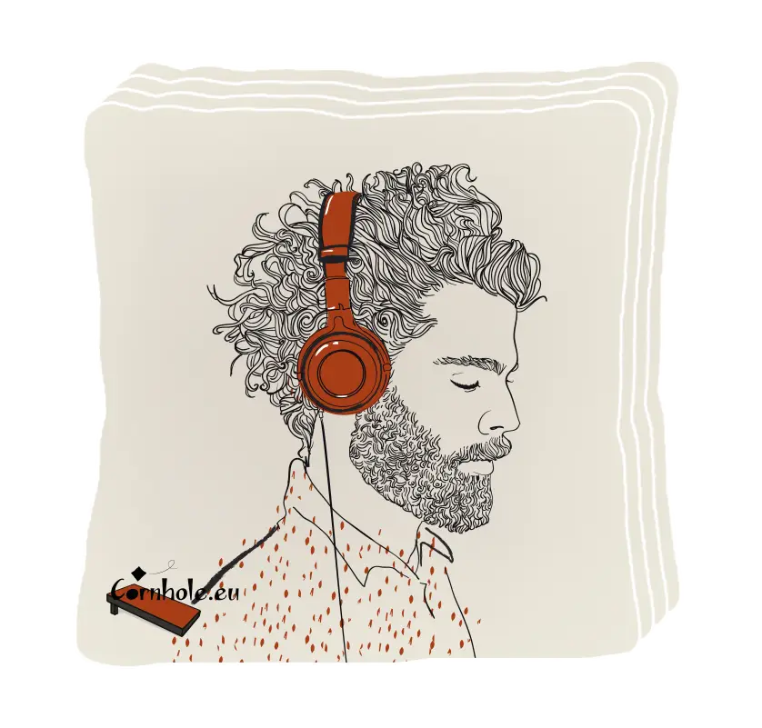 4 sacs de cornhole garçon qui écoute de la musique au casque, vue de face