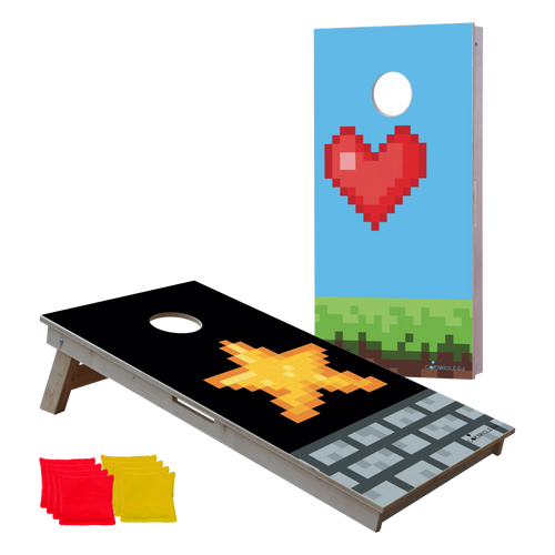 cornhole 2 planches cœur et étoile pixélisés, vue de face