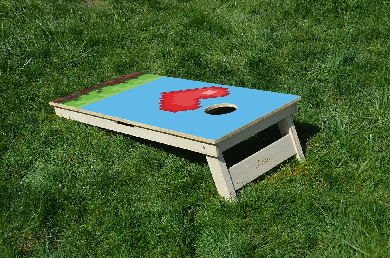 cornhole cœur de vie bonus retro gaming pixelisé, sur le gazon, vue de derrière