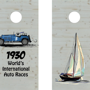 décor détaillé cornhole 2 planches motifs personnalisables sur fond de bois naturel, vue de face