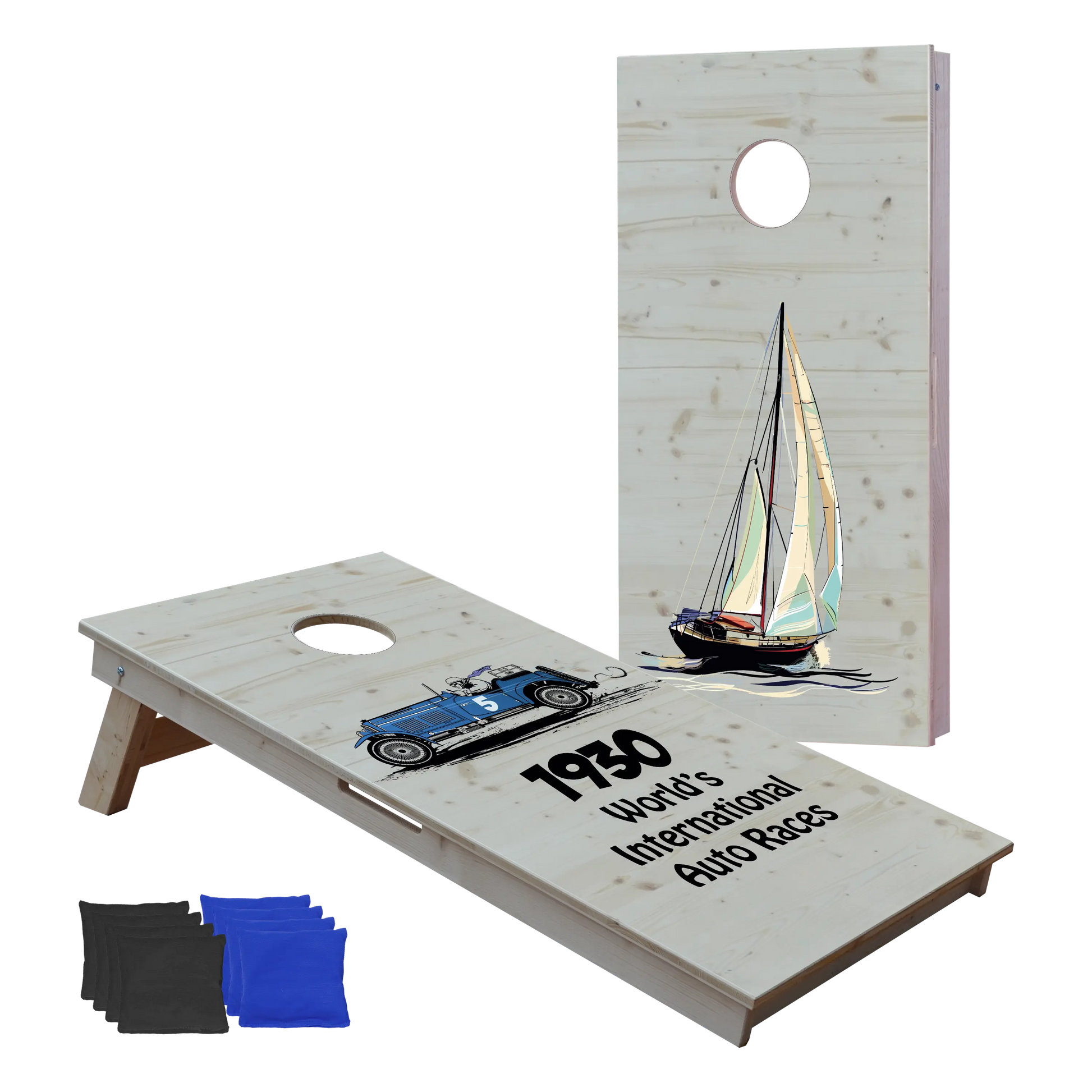 cornhole 2 planches motifs personnalisables sur fond de bois naturel, vue de face