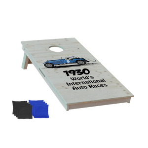 cornhole motif personnalisable sur fond de bois naturel, vue de face