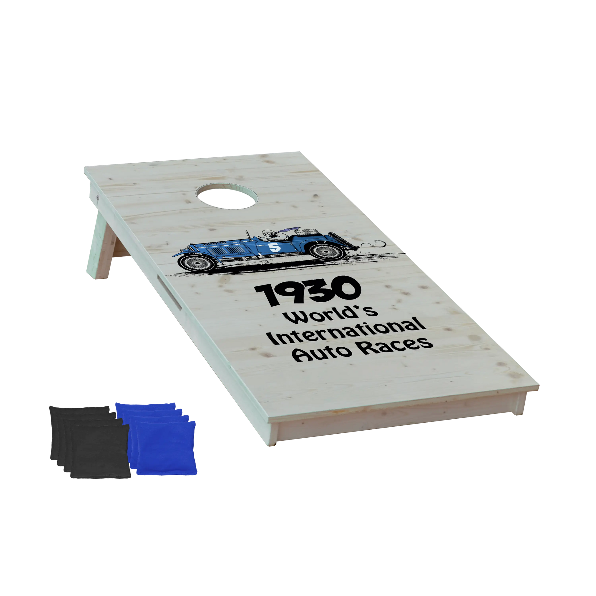 cornhole motif personnalisable sur fond de bois naturel, vue de face