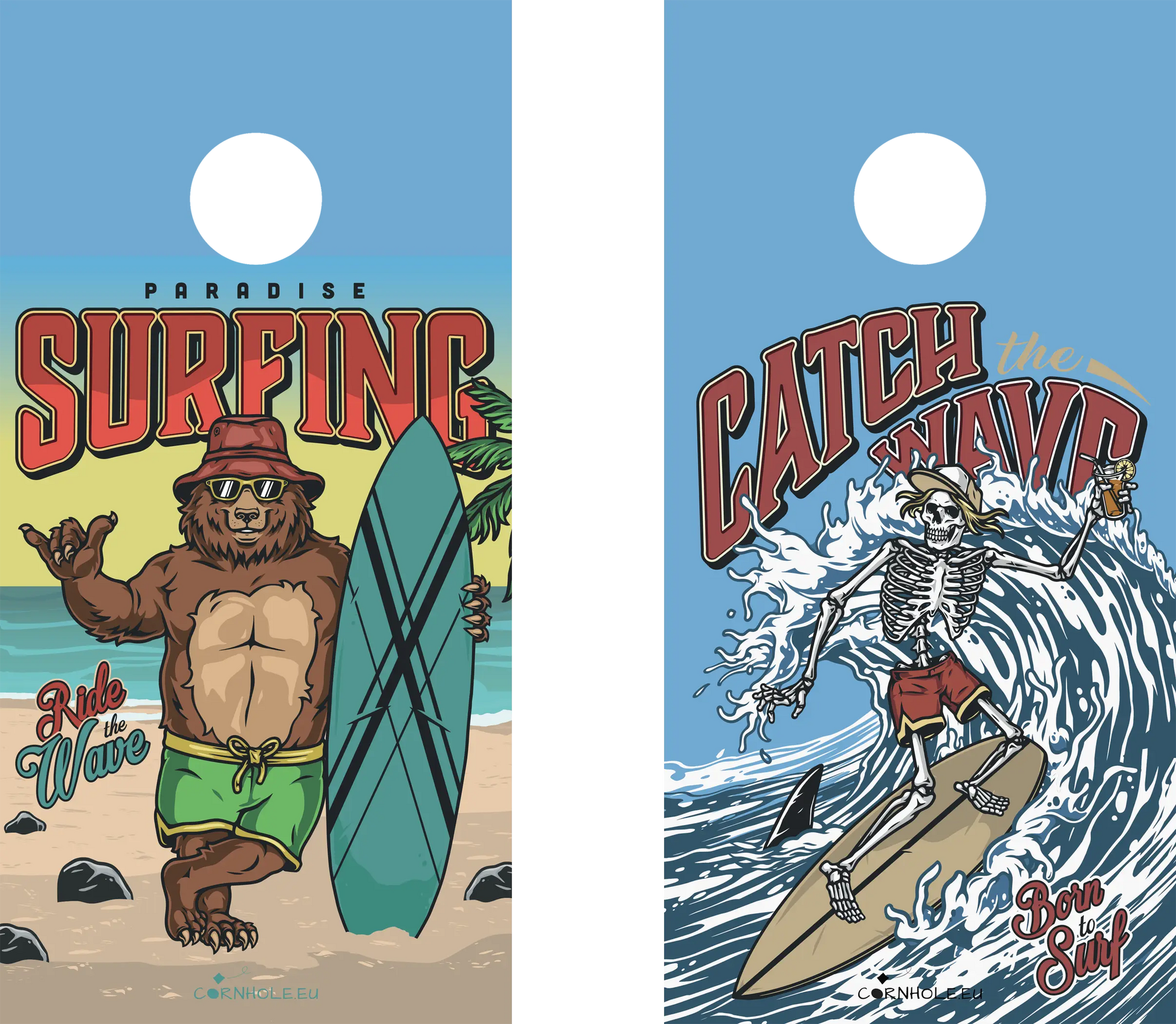 décor détaillé cornhole 2 planches ours et sa planche de surf, squelette et son fidèle requin, vue de face