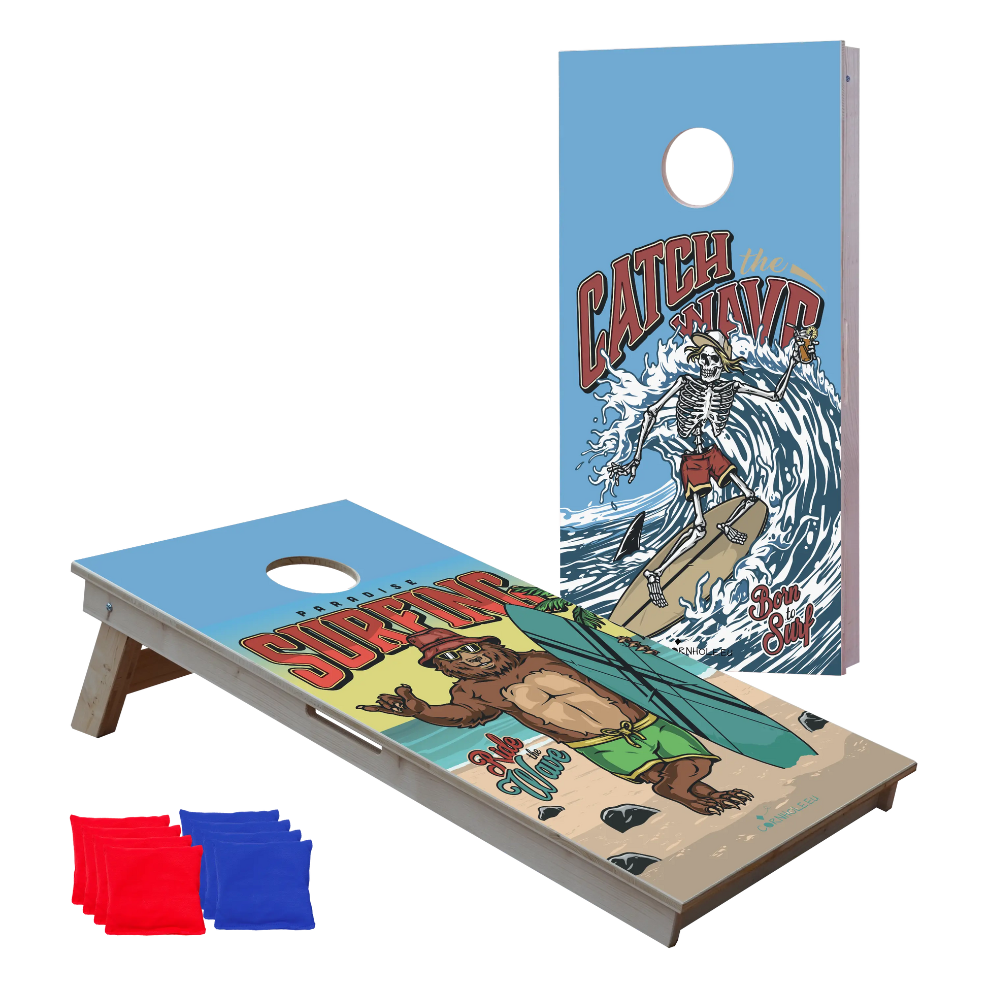 cornhole 2 planches ours et sa planche de surf, squelette et son fidèle requin, vue de face
