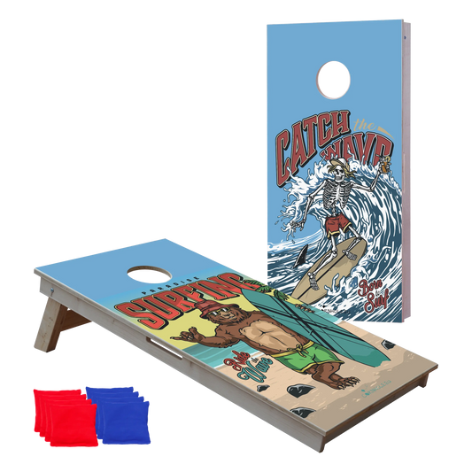 cornhole 2 planches ours et sa planche de surf, squelette et son fidèle requin, vue de face