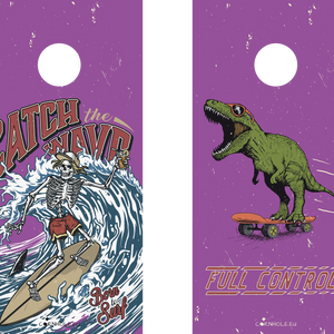 décor détaillé cornhole 2 planches squelette en train de surfer et t-rex en train de rider, vue de face