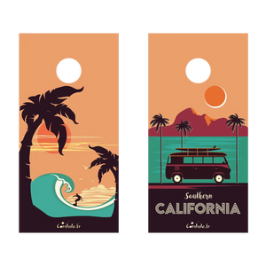 décor détaillé cornhole 2 planches format voyage surf et van de voyage, vue de face