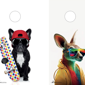 décor détaillé cornhole 2 planches bouledogue français et son skate, kangourou en pull capuche, vue de face