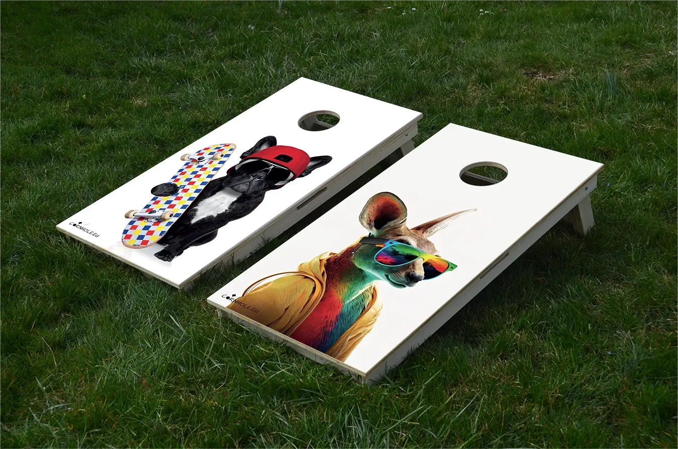 cornhole 2 planches bouledogue français et son skate, kangourou en pull capuche, sur le gazon, vue de face