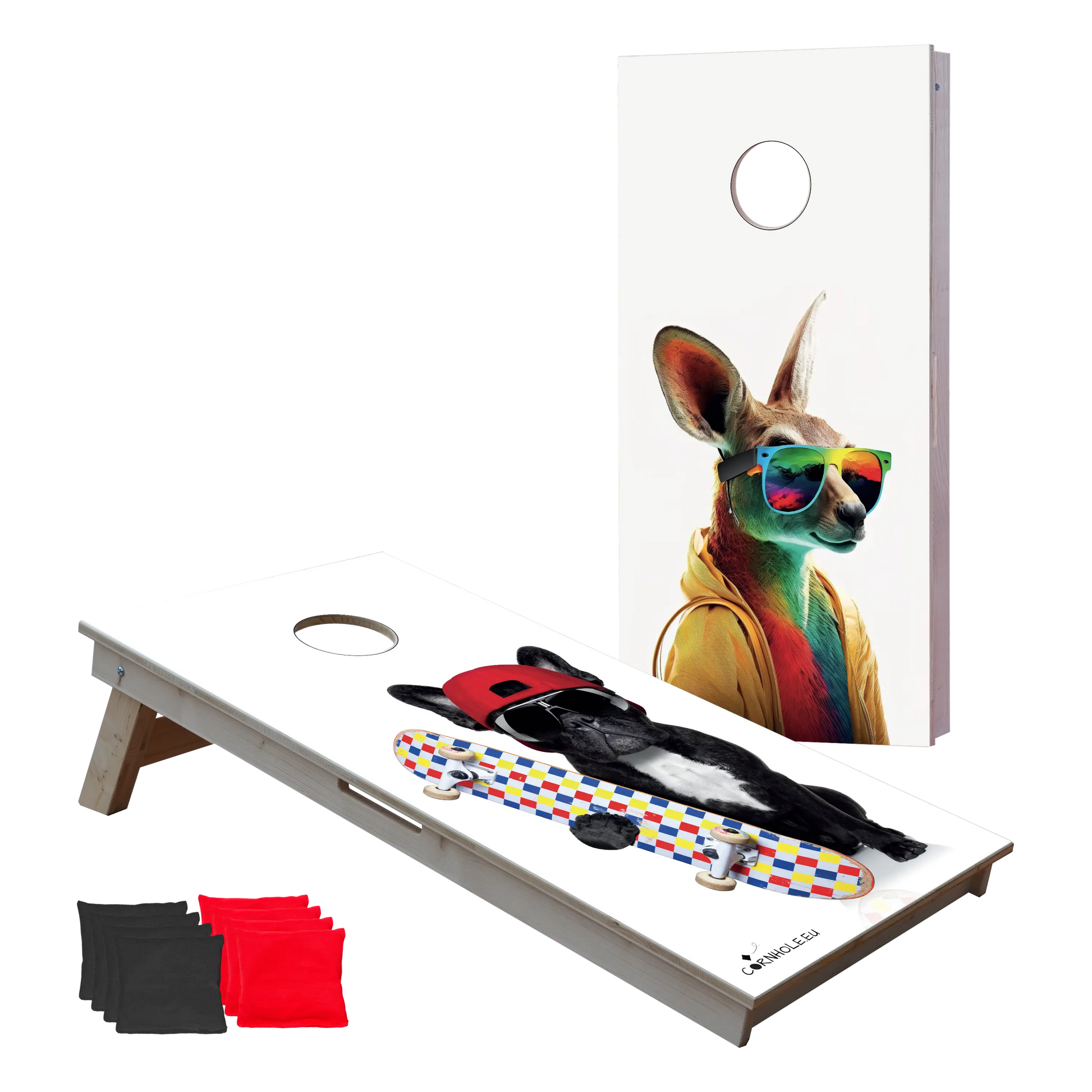 cornhole 2 planches bouledogue français et son skate, kangourou en pull capuche, vue de face