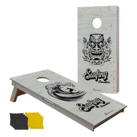 cornhole 2 planches surfeur dans un tube et totem hawaïen, vue de face