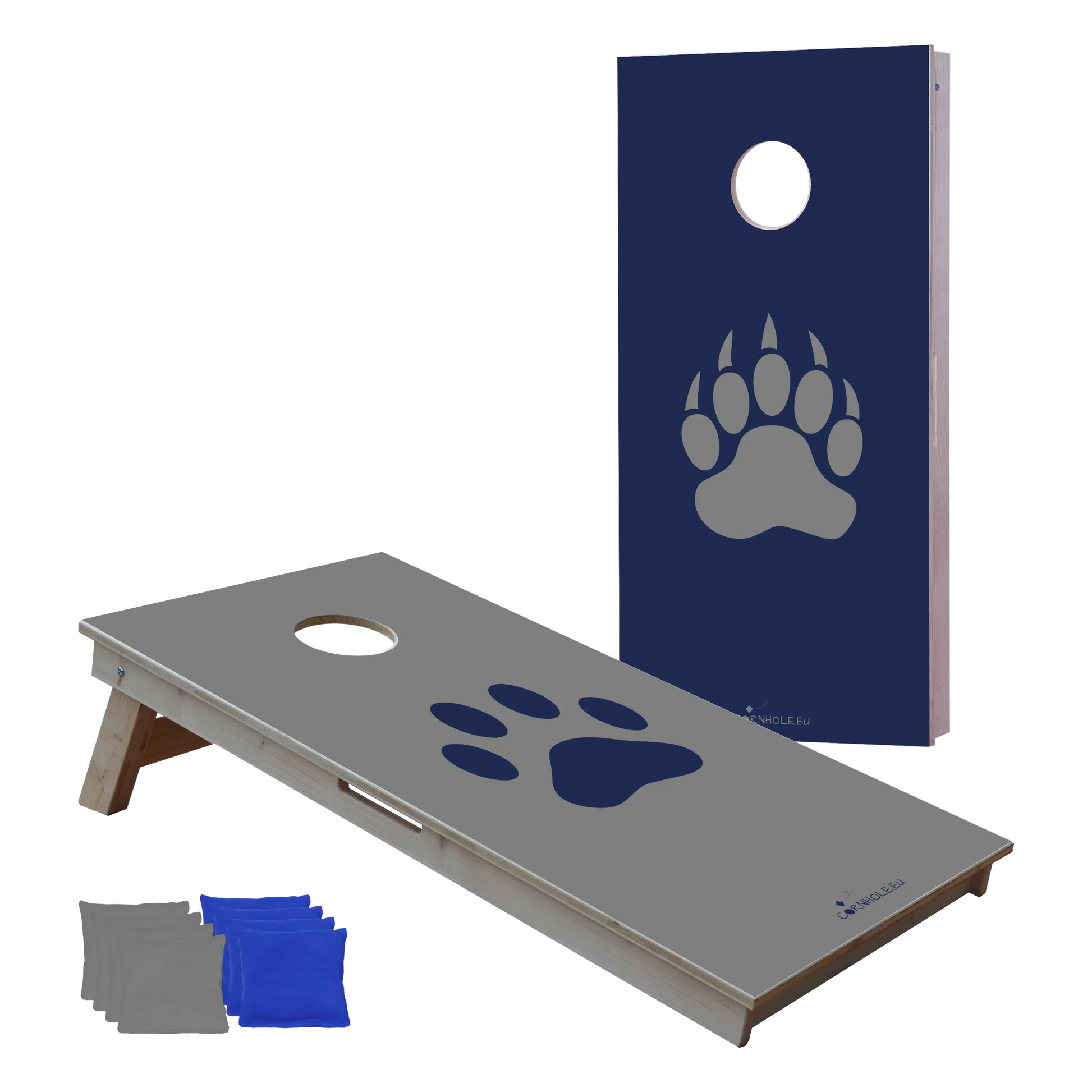 cornhole 2 planches empreinte de patte d'ours et empreinte de patte de loup, vue de face