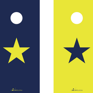 décor détaillé cornhole 2 planches étoile jaune et étoile bleue sur fonds inversés, vue de face