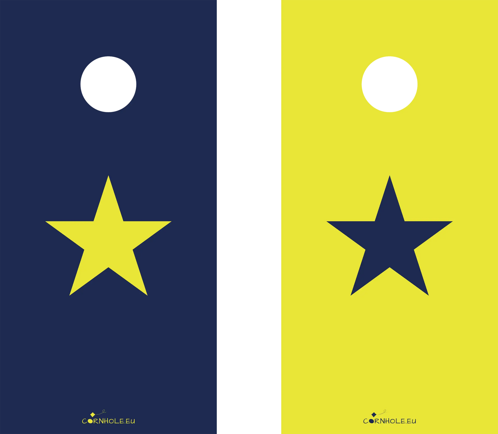 décor détaillé cornhole 2 planches étoile jaune et étoile bleue sur fonds inversés, vue de face