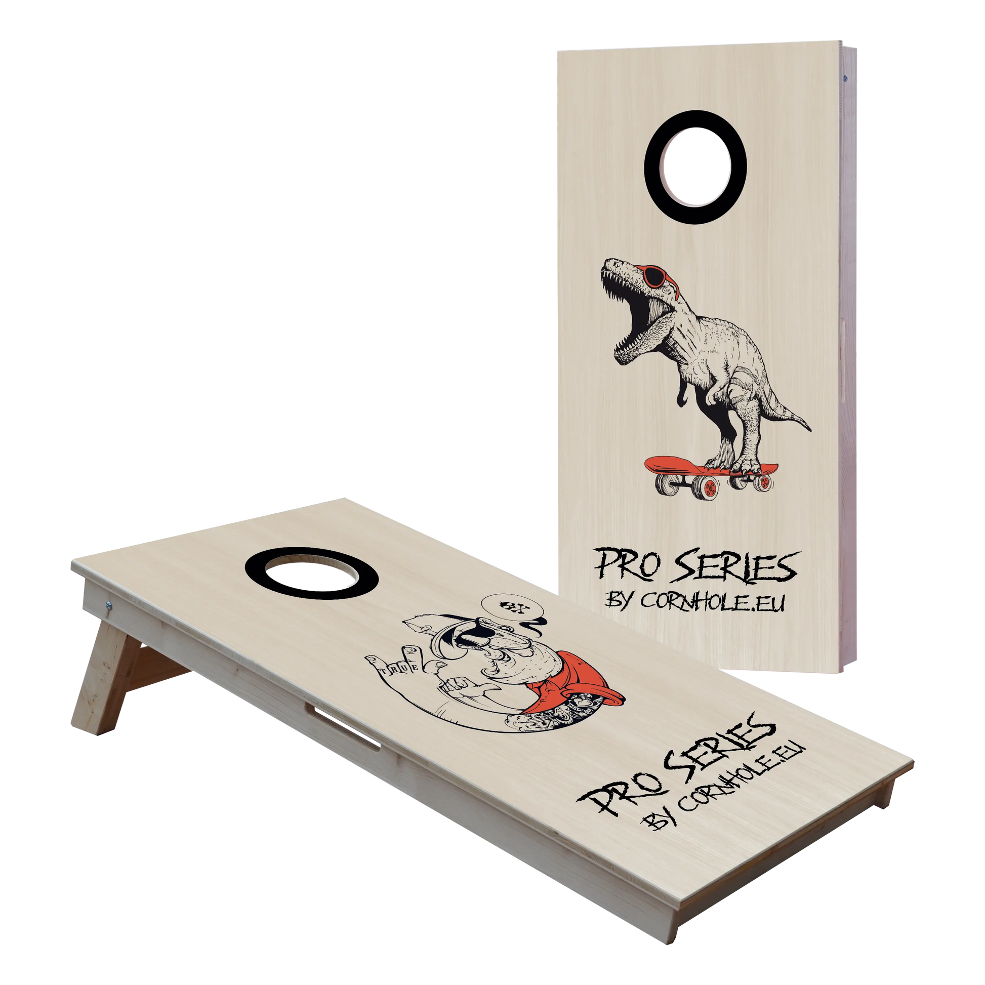 cornhole de compétition deux planches hipster et t-rex sur son skate, vue de face