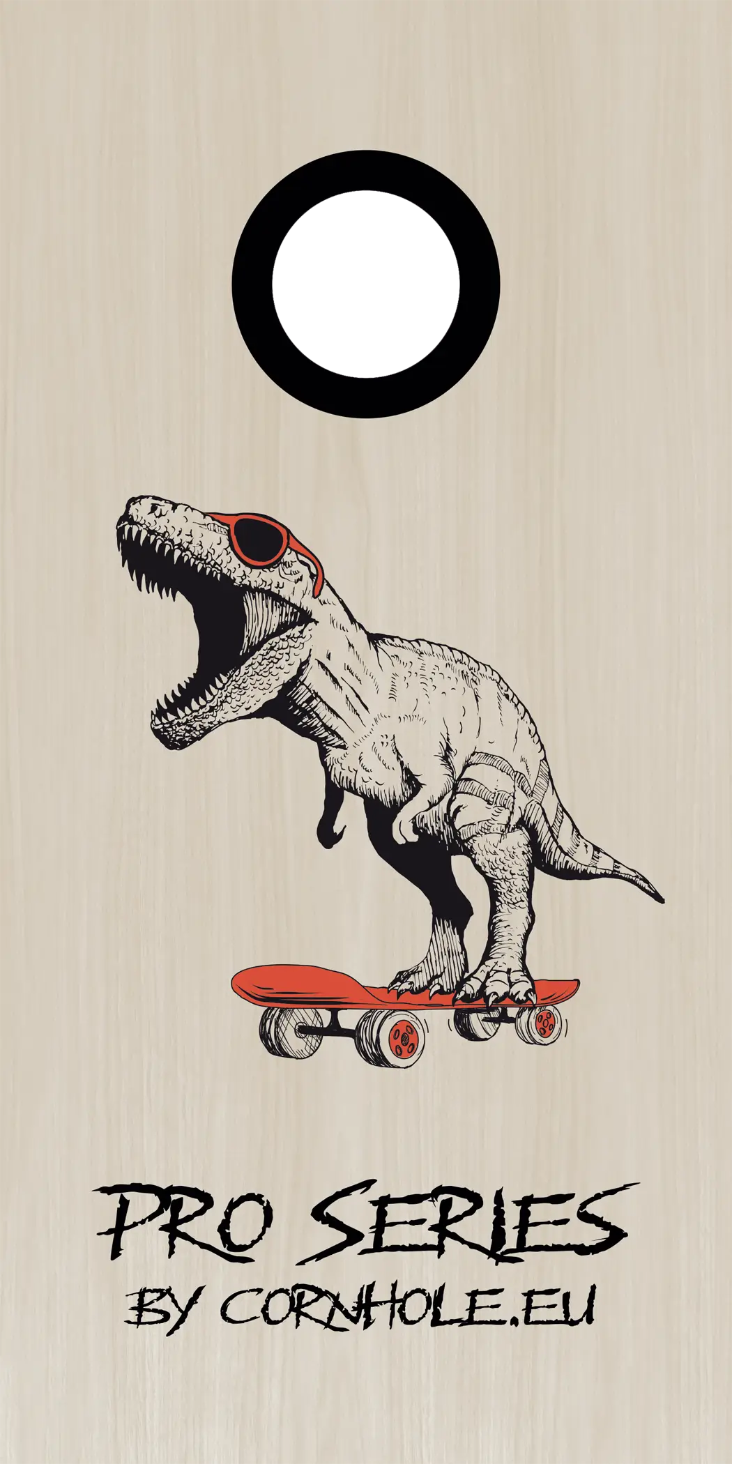 décor détaillé cornhole Pro de compétition t-rex sur son skateboard, vue de face