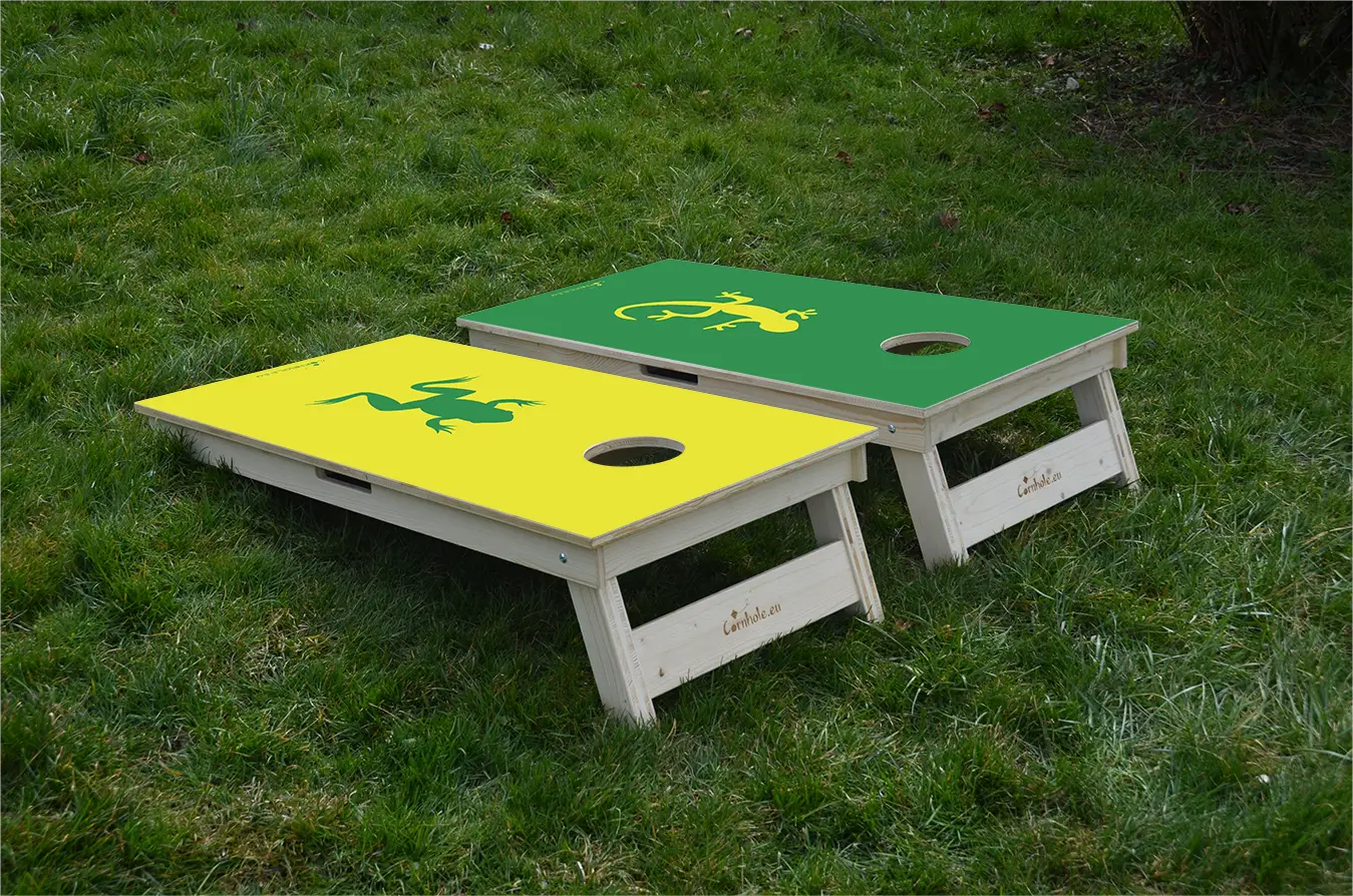 cornhole 2 planches grenouille et lézard gecko, sur le gazon, vue de derrière
