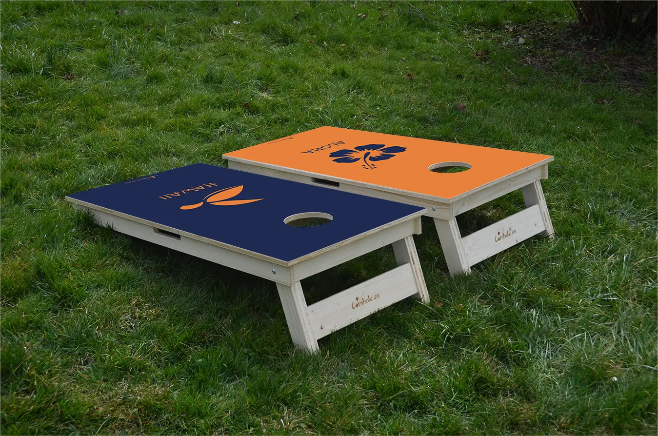 cornhole 2 planches hawaii et haloha, sur le gazon, vue de derrière