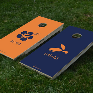 cornhole 2 planches hawaii et haloha, sur le gazon, vue de face