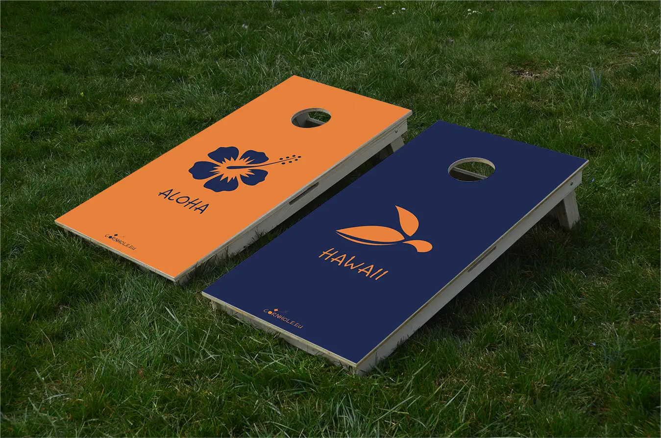 cornhole 2 planches hawaii et haloha, sur le gazon, vue de face