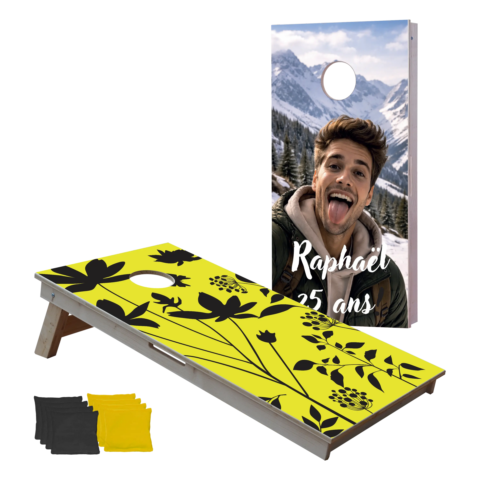 cornhole 2 planches motifs personnalisables, vue de face