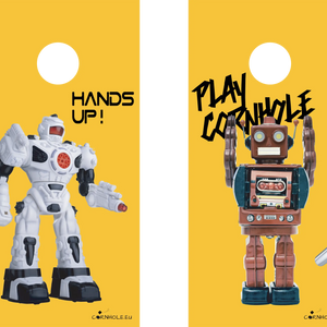 décor détaillé cornhole 2 planches robot moderne et robot vintage, vue de face