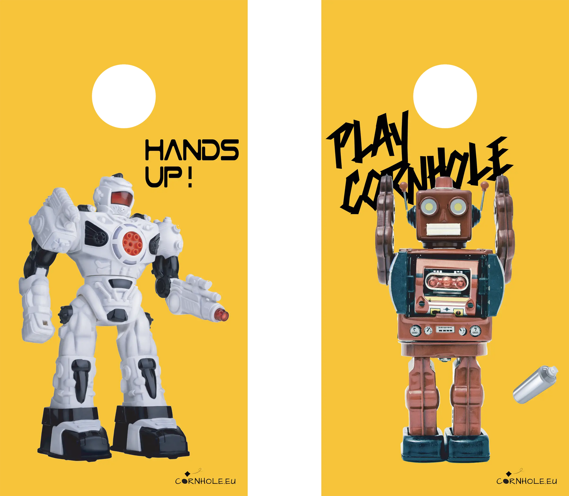 décor détaillé cornhole 2 planches robot moderne et robot vintage, vue de face