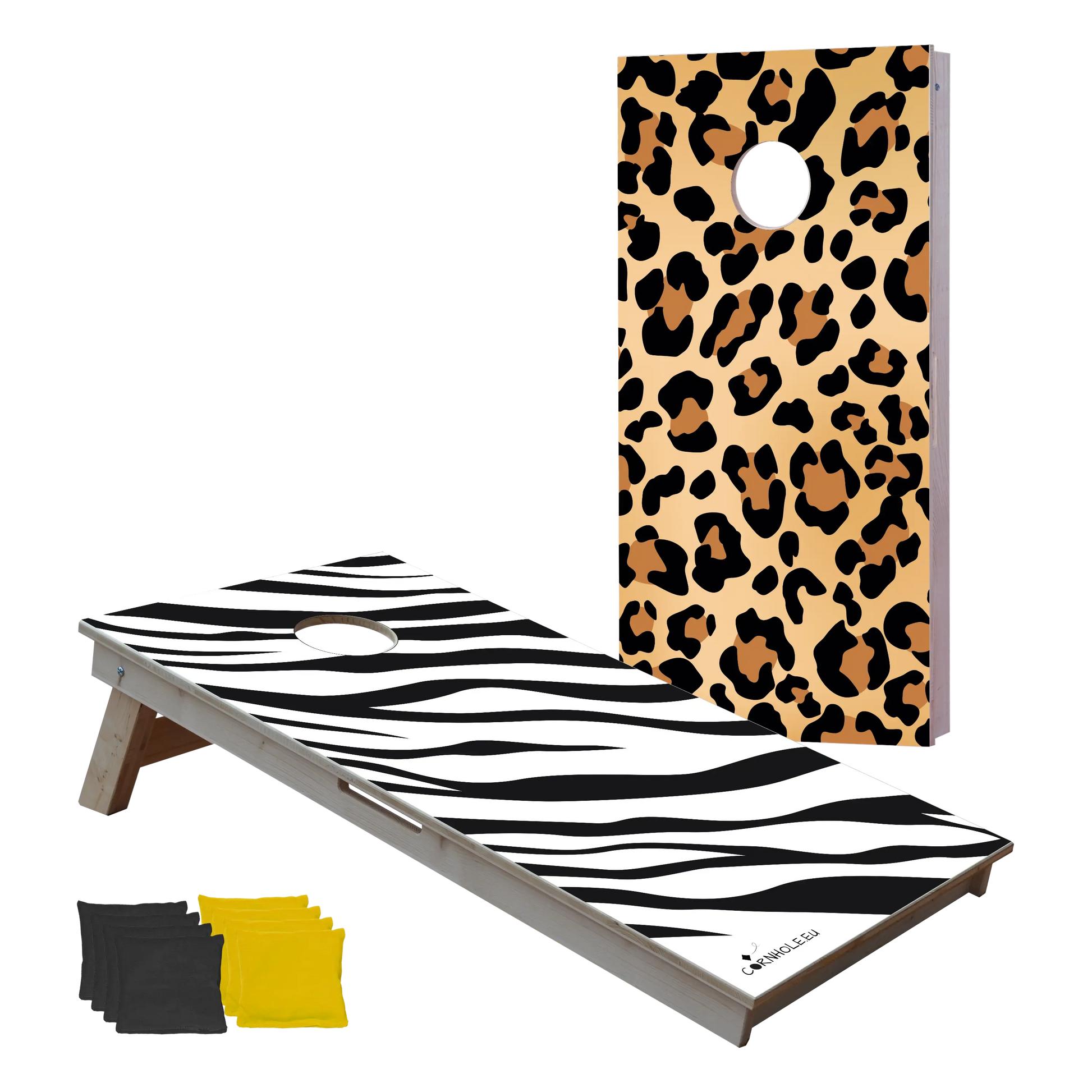 décor détaillé cornhole 2 planches pelage de zèbre et panthère, vue de face