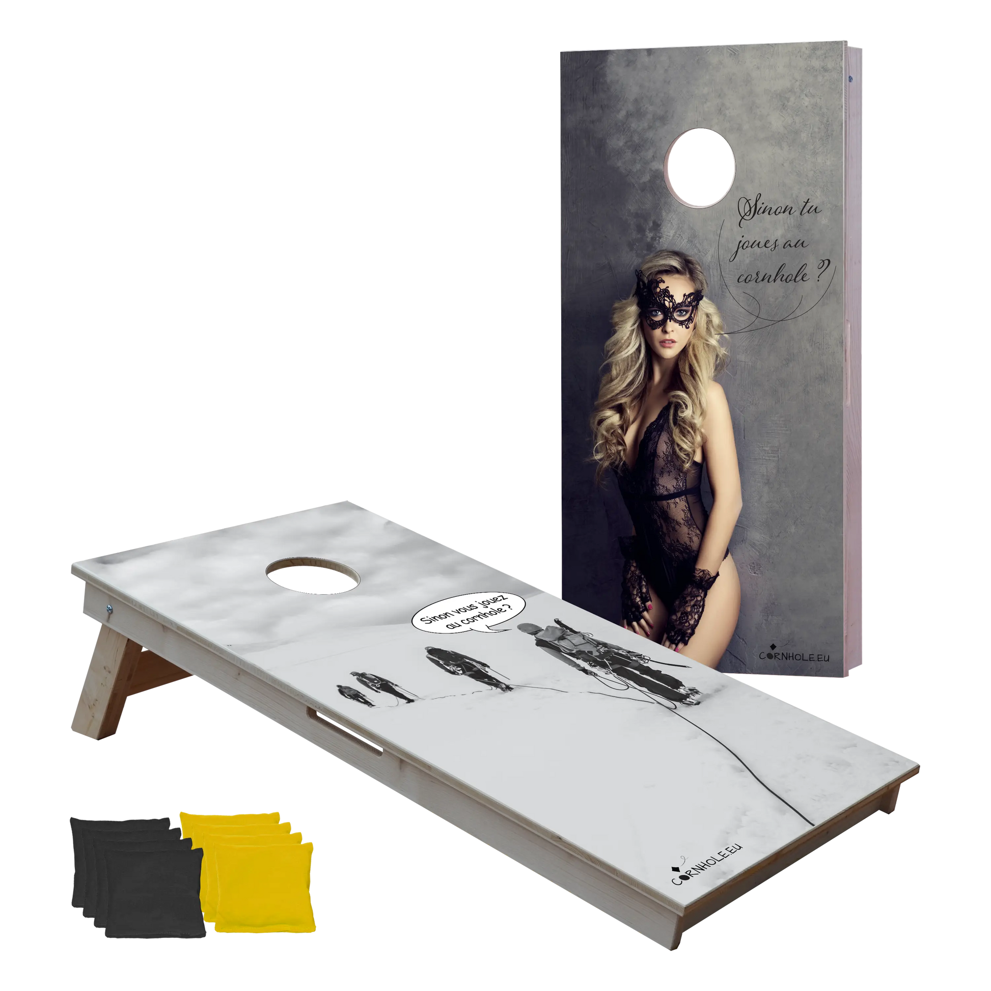 cornhole 2 planches cordée d'alpinistes et sexy girl, vue de face