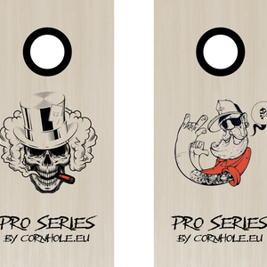 décor détaillé cornhole de compétition deux planches tête de mort et hipster, vue de face