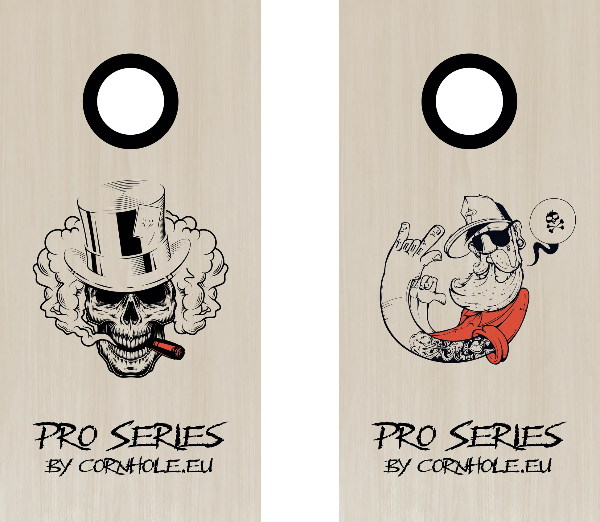 décor détaillé cornhole de compétition deux planches tête de mort et hipster, vue de face