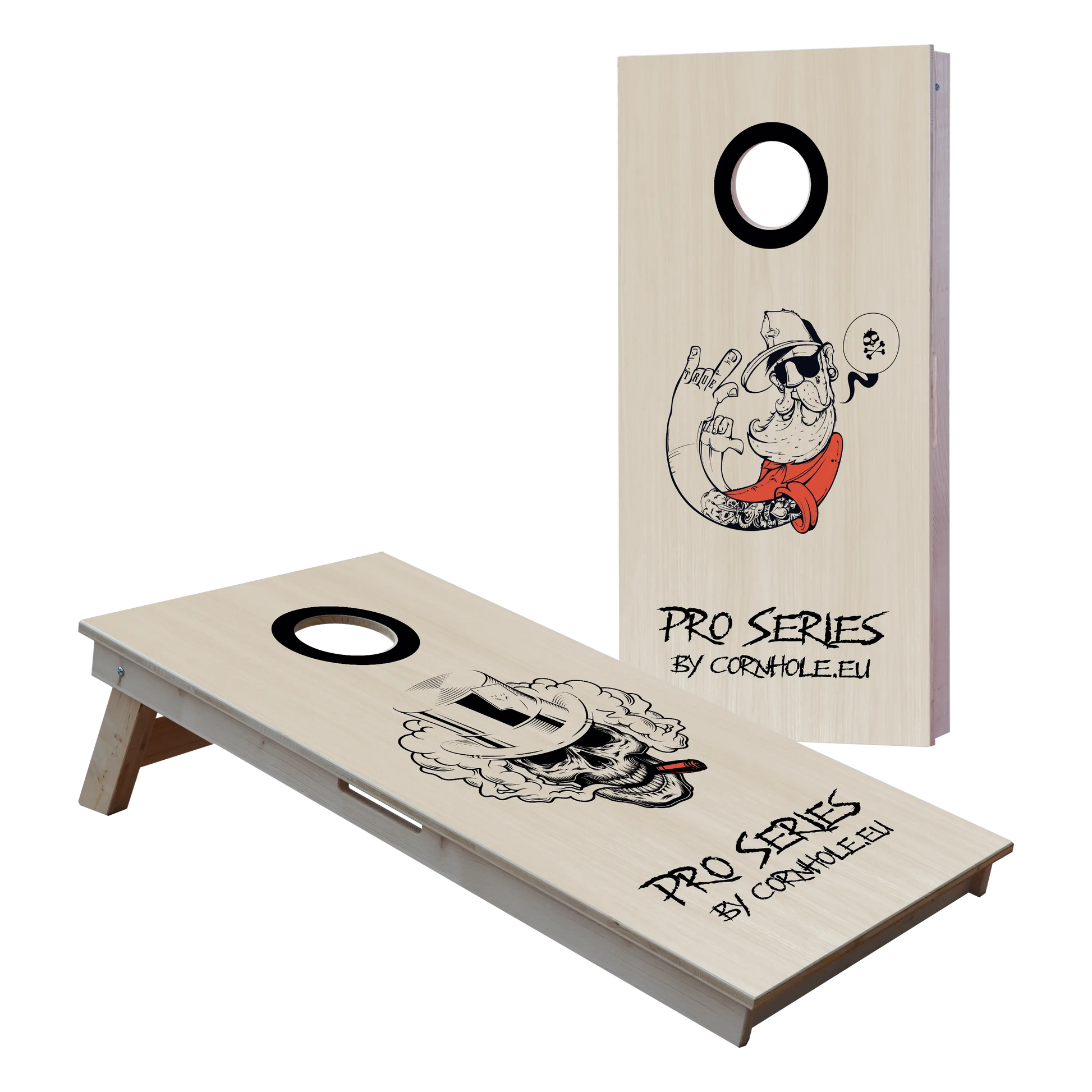 cornhole de compétition deux planches tête de mort et hipster, vue de face