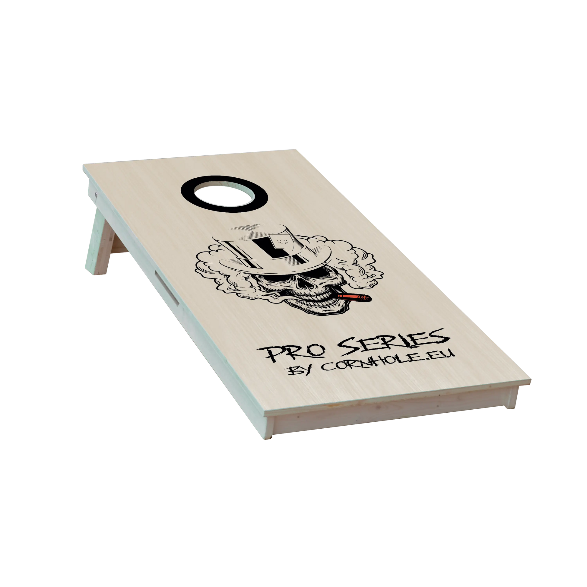 cornhole Pro de compétition tête de mort en train de fumer un cigare, vue de face