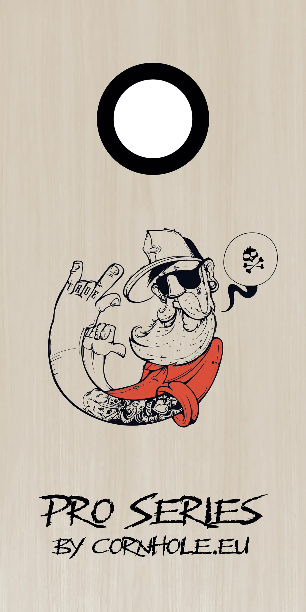 décor détaillé cornhole Pro de compétition hipster tatoué, vue de face