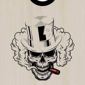 décor détaillé cornhole Pro de compétition tête de mort en train de fumer un cigare, vue de face