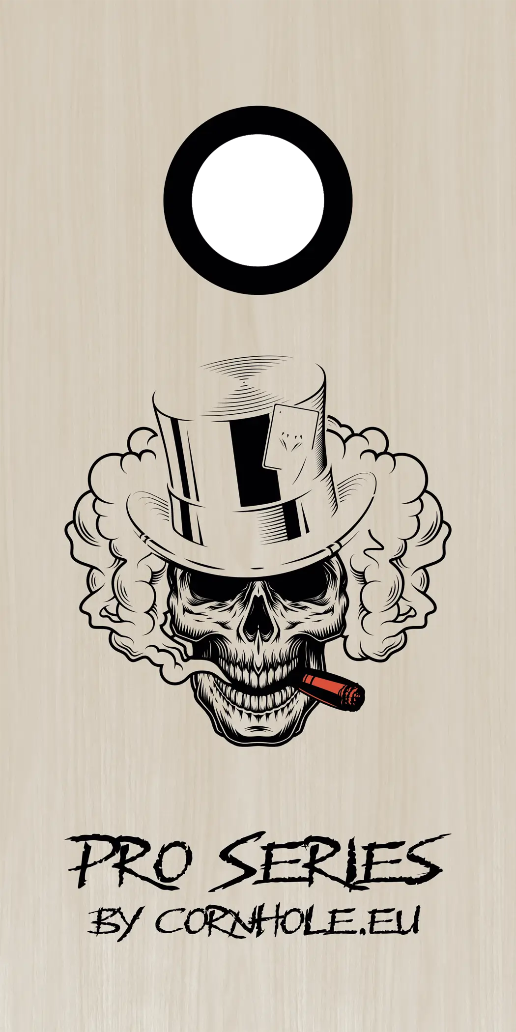 décor détaillé cornhole Pro de compétition tête de mort en train de fumer un cigare, vue de face
